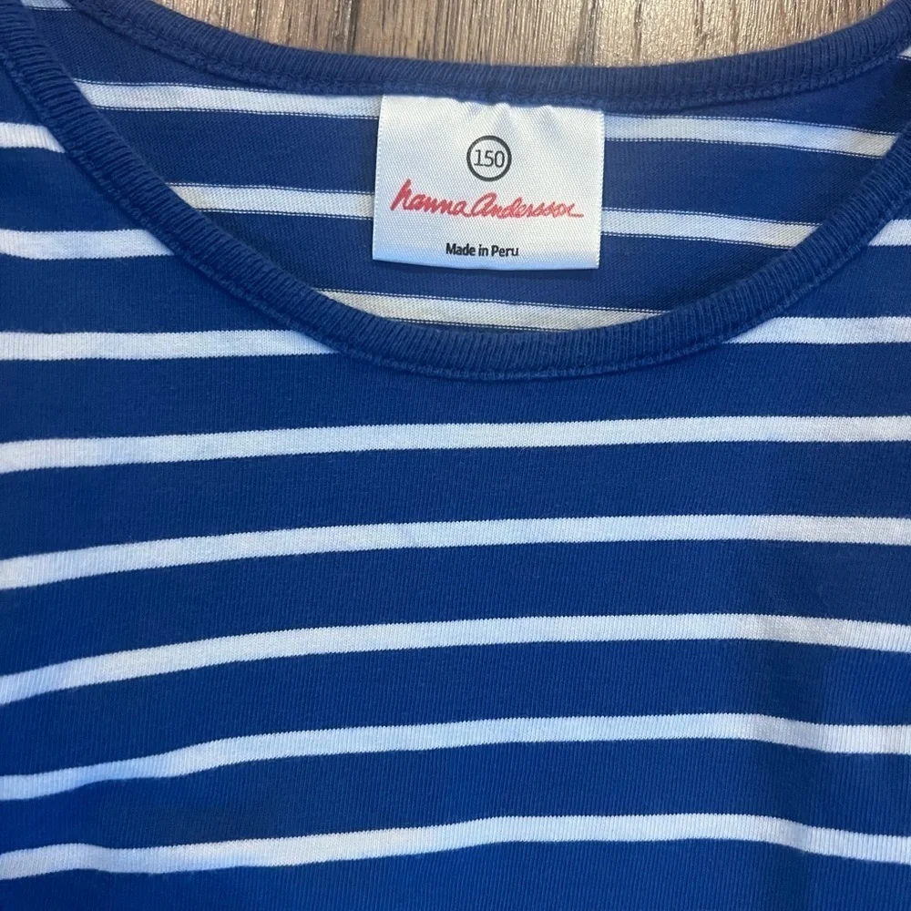 HANNA ANDERSON Long Sleeve Striped Blue White Dress Sz 12/150 EUC